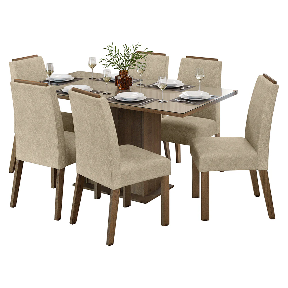 Conjunto Sala de Jantar Tampo de Vidro 6 Cadeiras Rustic/Crema/Imperial Dália Madesa - Image 2