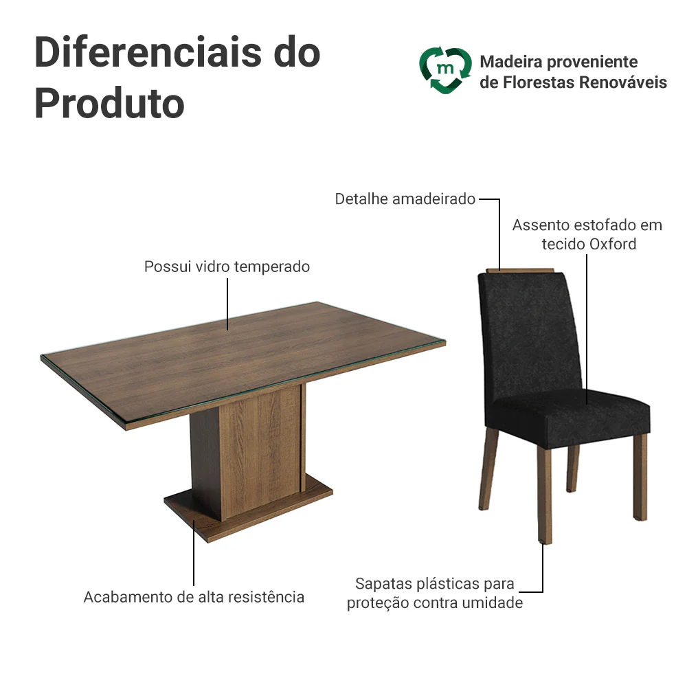 Conjunto Sala de Jantar Tampo de Vidro 6 Cadeiras Rustic/Oxford Dália Madesa - Image 4