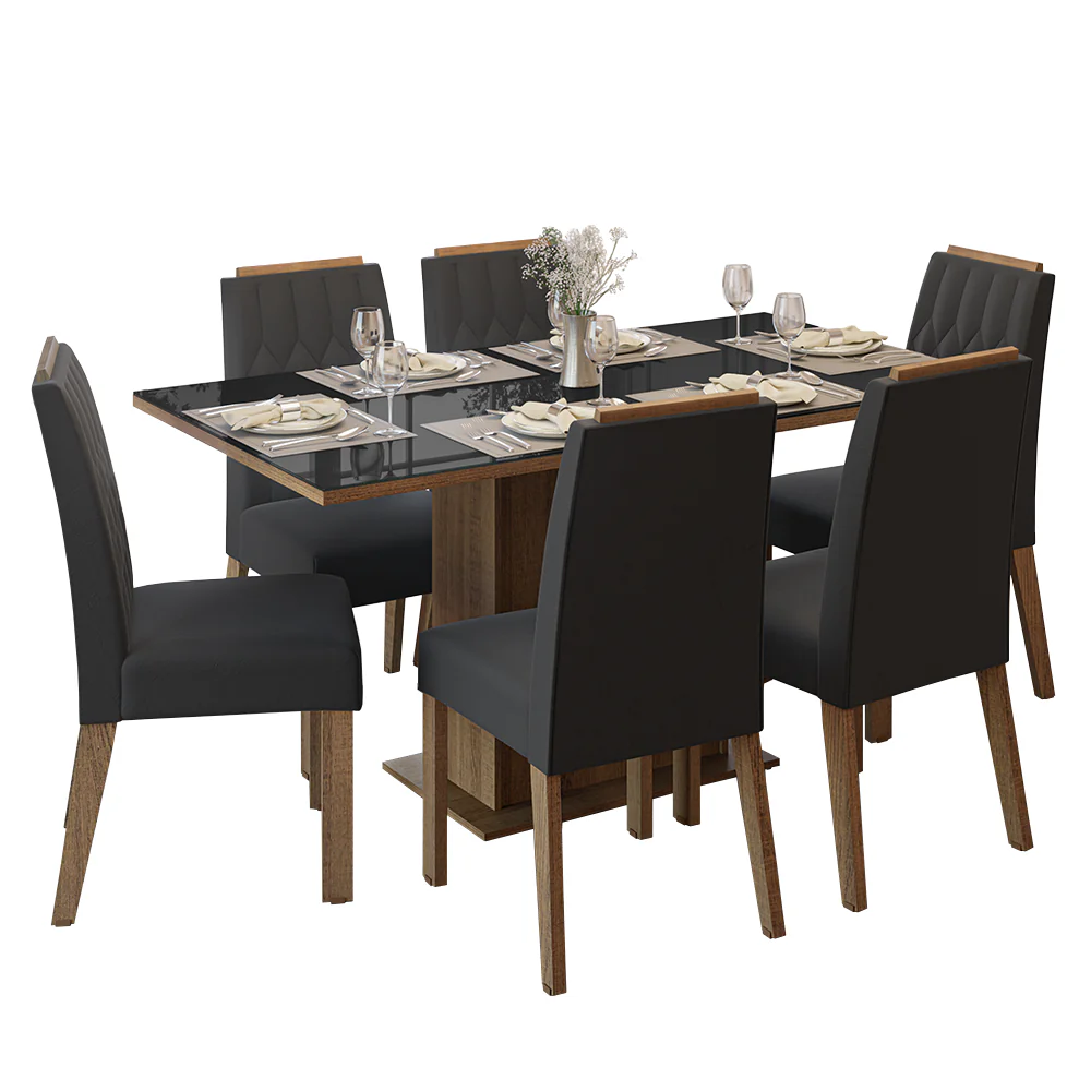 Conjunto Sala de Jantar Tampo de Vidro 6 Cadeiras Rustic/Preto/Oxford Azaleia Madesa - Image 2
