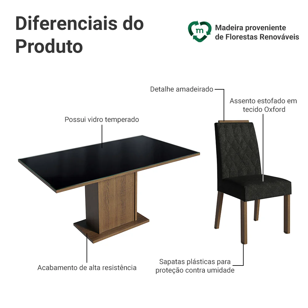Conjunto Sala de Jantar Tampo de Vidro 6 Cadeiras Rustic/Preto/Oxford Azaleia Madesa - Image 4
