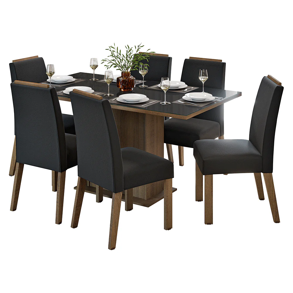 Conjunto Sala de Jantar Tampo de Vidro 6 Cadeiras Rustic/Preto/Oxford Dália Madesa - Image 2