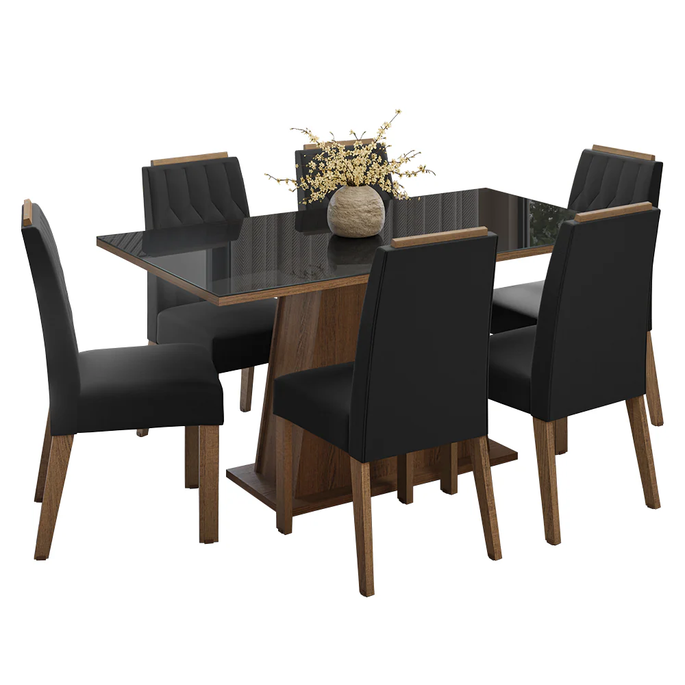 Conjunto Sala de Jantar Tampo de Vidro 6 Cadeiras Rustic/Preto/Oxford Peônia Madesa - Image 2