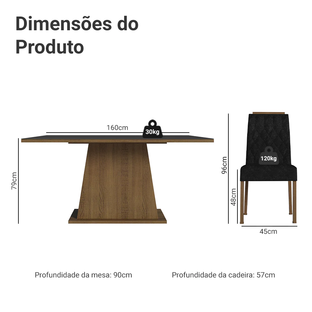 Conjunto Sala de Jantar Tampo de Vidro 6 Cadeiras Rustic/Preto/Oxford Peônia Madesa - Image 3