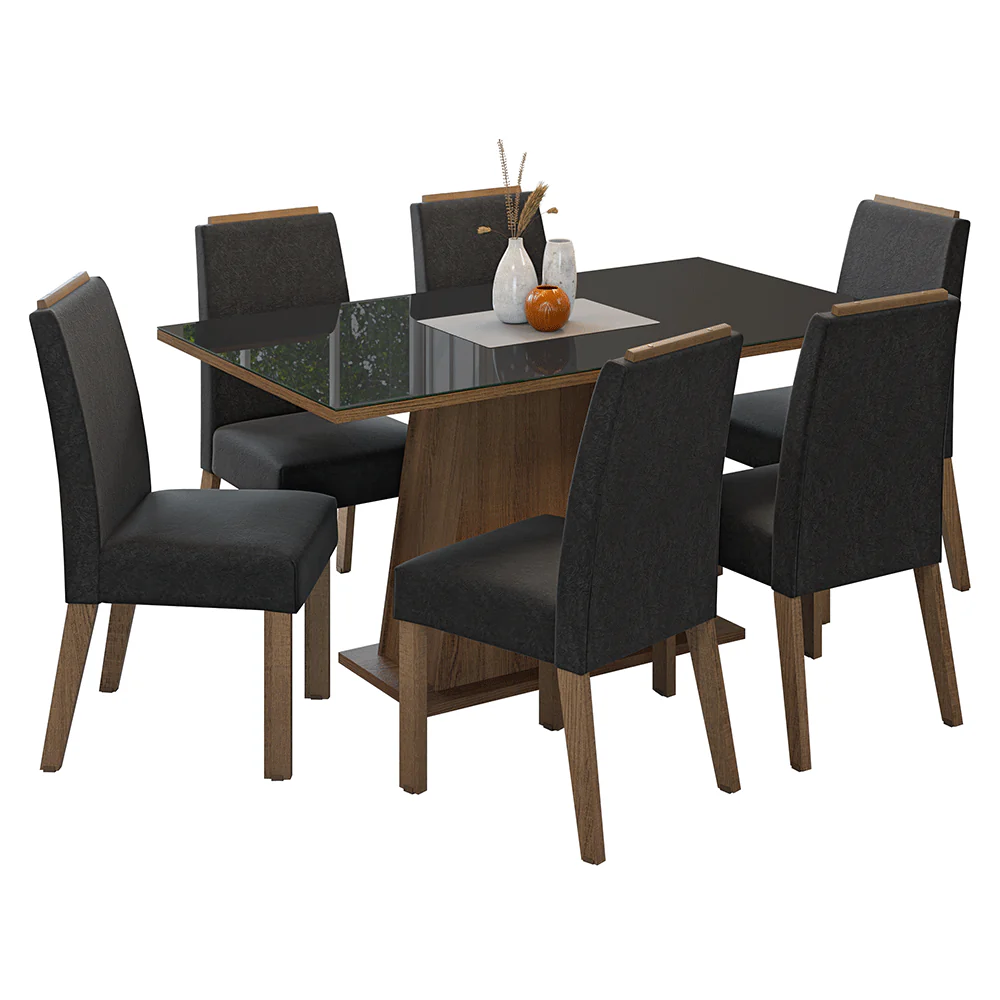 Conjunto Sala de Jantar Tampo de Vidro 6 Cadeiras Rustic/Preto/Oxford Tulipa Madesa - Image 2