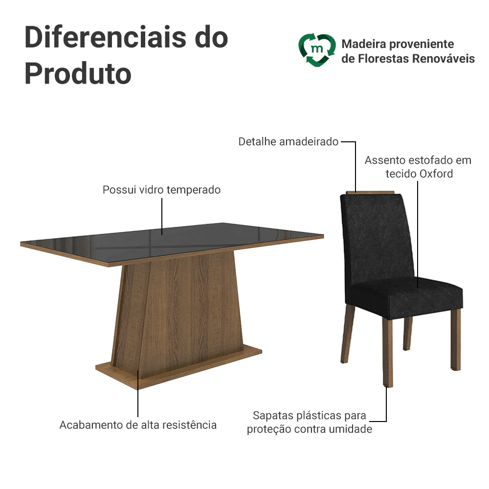 Conjunto Sala de Jantar Tampo de Vidro 6 Cadeiras Rustic/Preto/Oxford Tulipa Madesa - Image 4