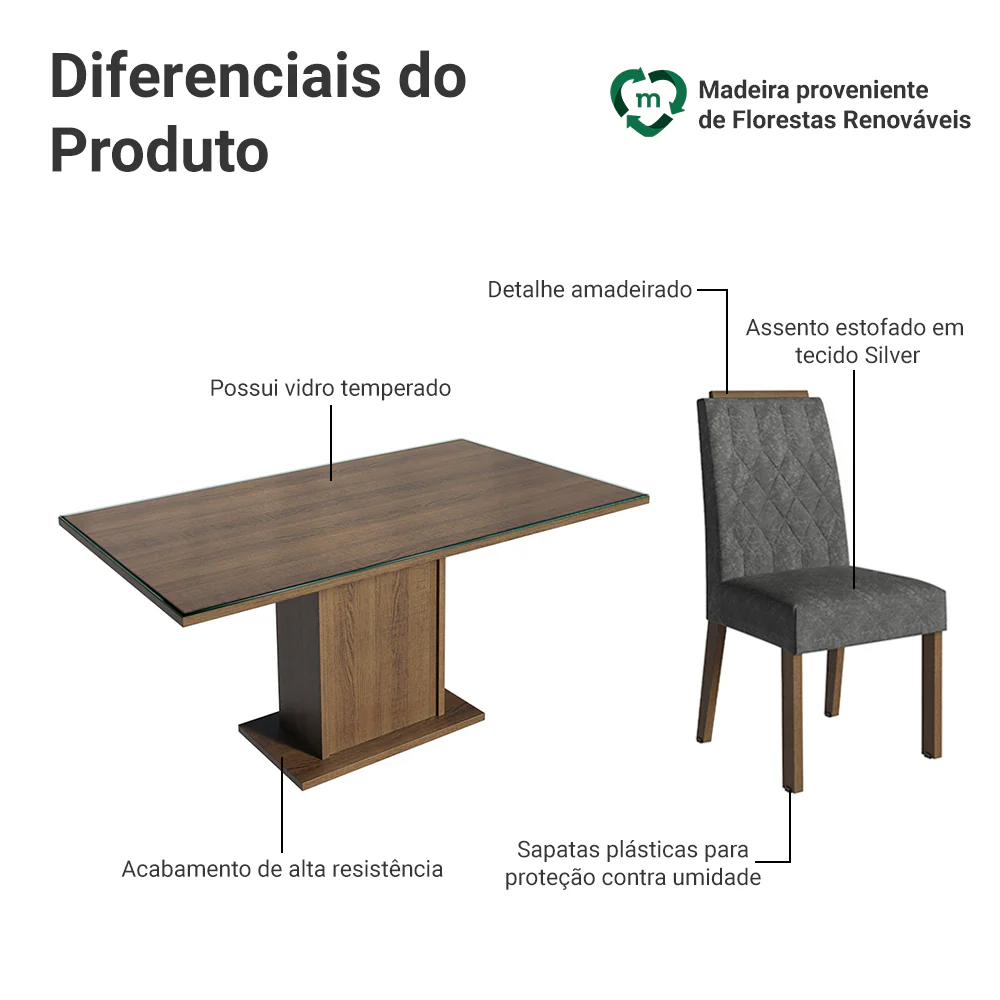 Conjunto Sala de Jantar Tampo de Vidro 6 Cadeiras Rustic/Silver Azaleia Madesa - Image 4