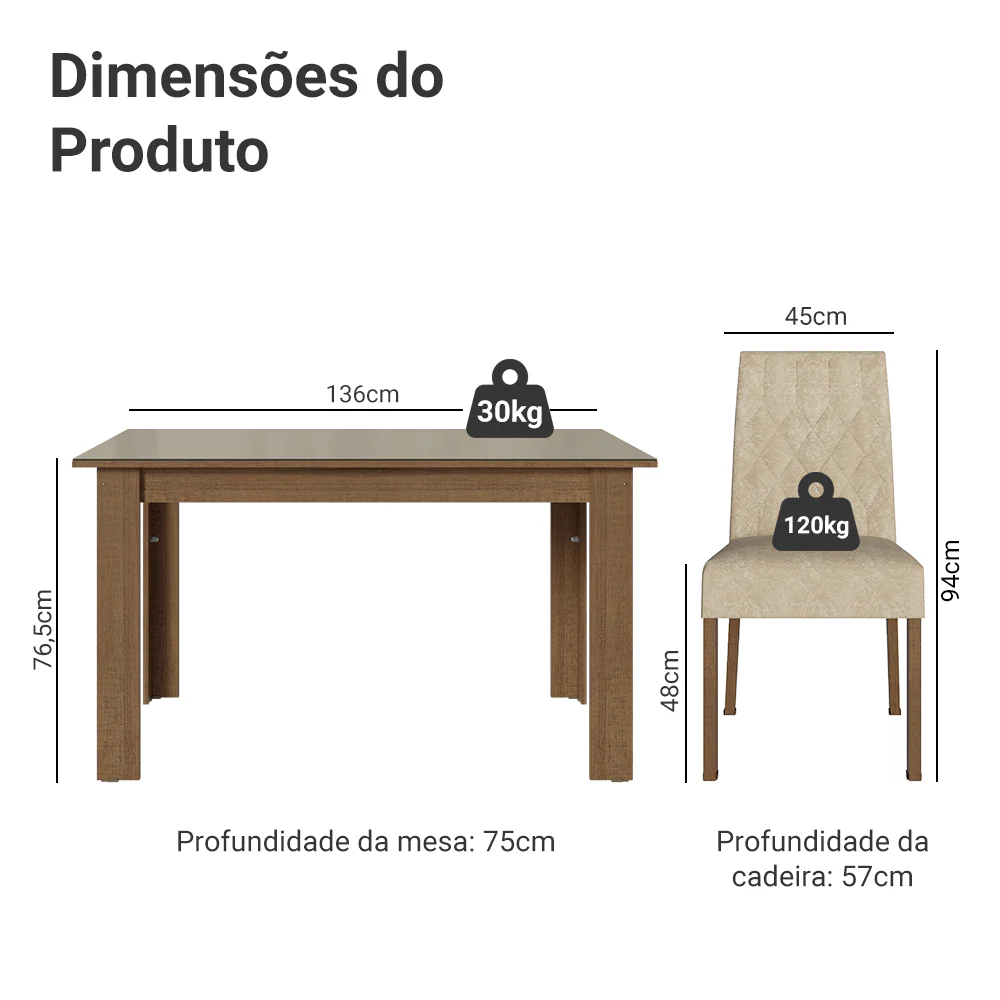 Conjunto Sala de Jantar Vanilla Mesa Tampo de Vidro 4 Cadeiras Rustic/Crema/Suede Imperial Madesa - Image 3