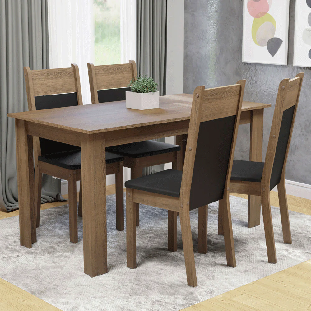 Conjunto Sala de Jantar Madesa Cali Mesa Tampo de Madeira com 4 Cadeiras Rustic/Preto/Sintético Preto