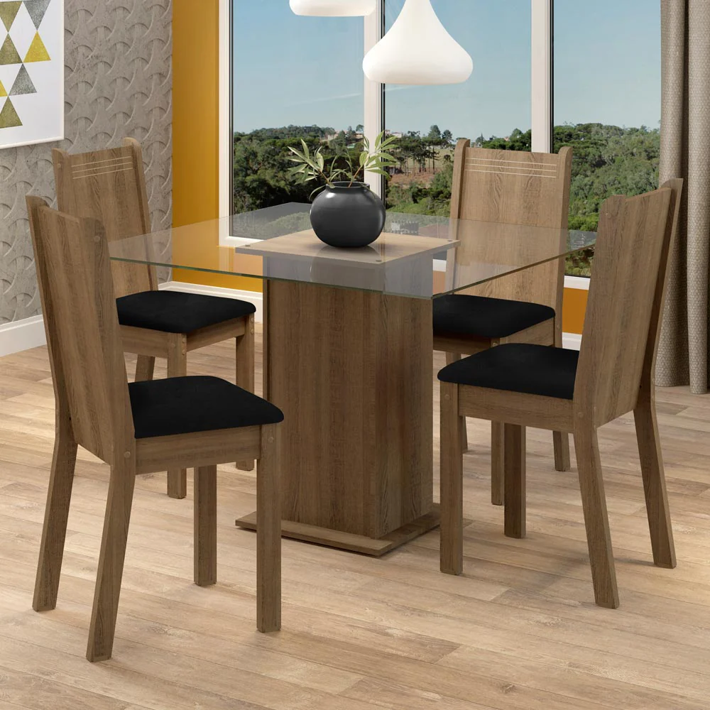 Conjunto Sala de Jantar Madesa Maya Mesa Tampo de Vidro com 4 Cadeiras Rustic/Sintético Preto