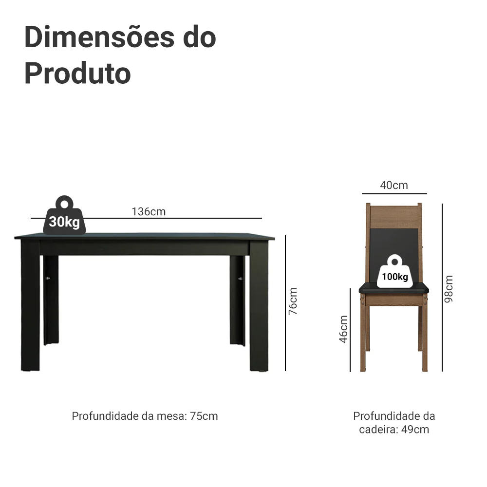 Conjunto Sala de Jantar Mesa Tampo de Madeira com 6 Cadeiras Preto/Rustic/Sintético Preto Madesa Medelin - Image 3