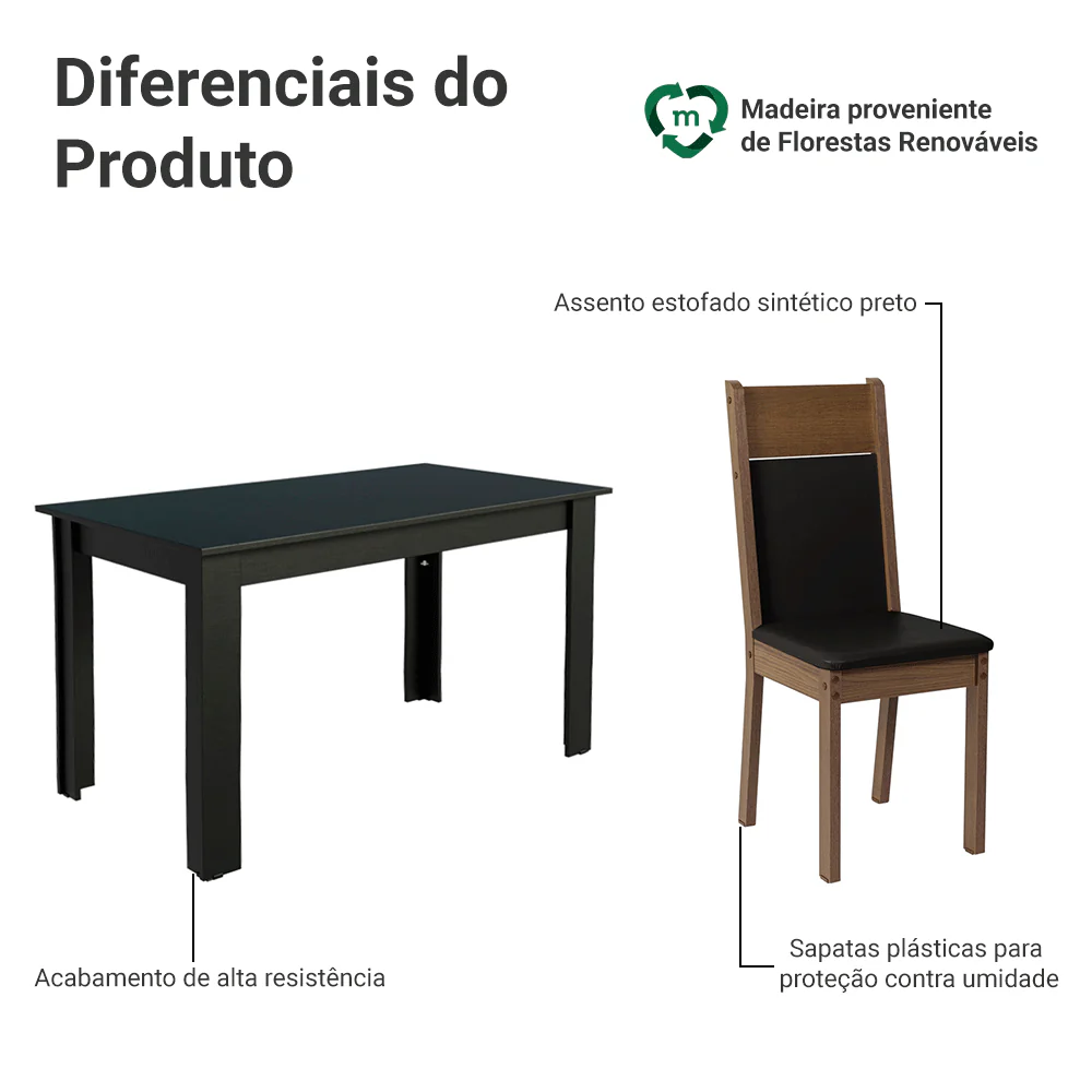 Conjunto Sala de Jantar Mesa Tampo de Madeira com 6 Cadeiras Preto/Rustic/Sintético Preto Madesa Medelin - Image 4