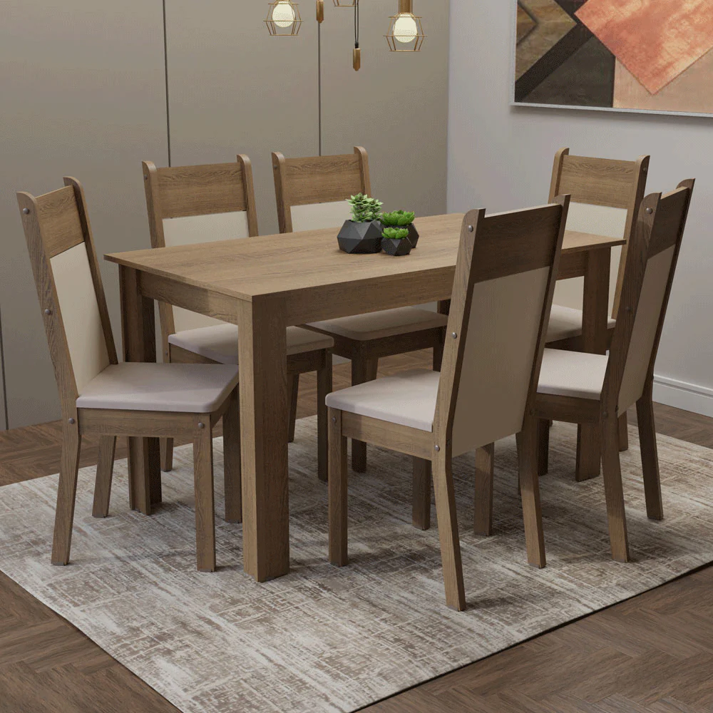Conjunto Sala de Jantar Madesa Medelin Mesa Tampo de Madeira com 6 Cadeiras Rustic/Crema/Bege