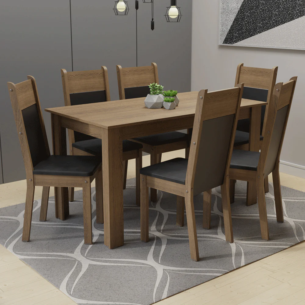 Conjunto Sala de Jantar Madesa Medelin Mesa Tampo de Madeira com 6 Cadeiras Rustic/Preto/Sintético Preto