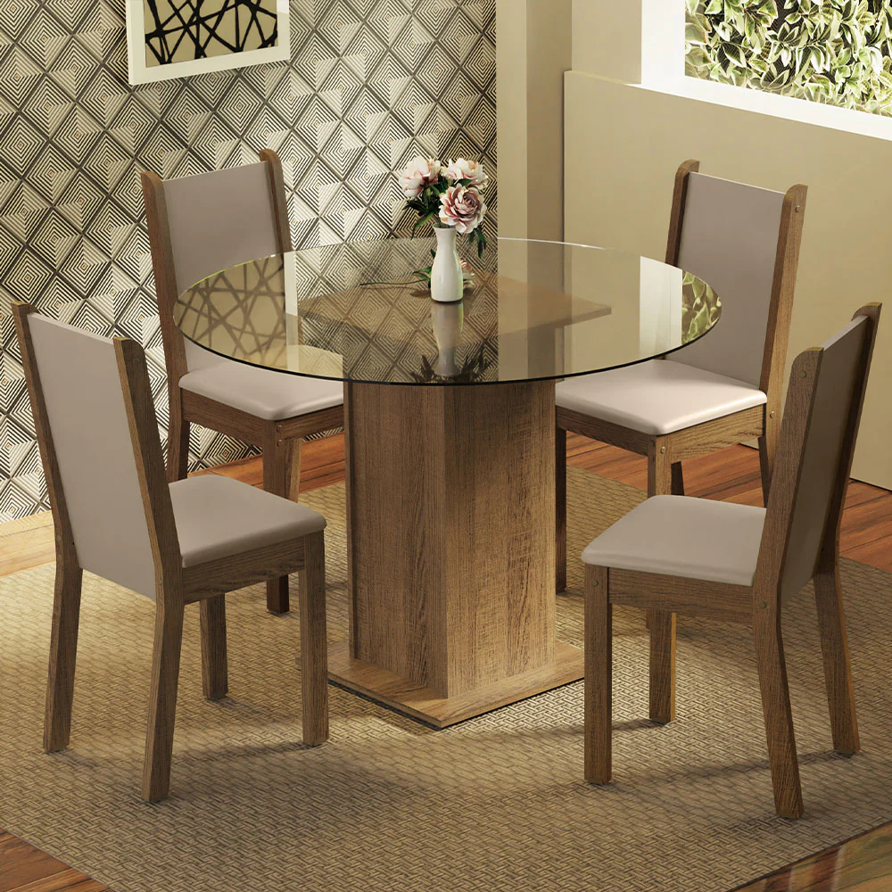 Conjunto Sala de Jantar Madesa Nanda Mesa Tampo de Vidro Redondo 4 Cadeiras Rustic/Crema/Bege