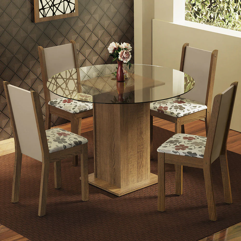 Conjunto Sala de Jantar Madesa Nanda Mesa Tampo Vidro Redondo 4 Cadeiras Rustic/Crema/Hibiscos