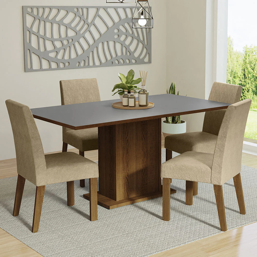 Conjunto Sala de Jantar Mesa Tampo de Madeira 4 Cadeiras Rustic/Cinza/Imperial Keila Madesa