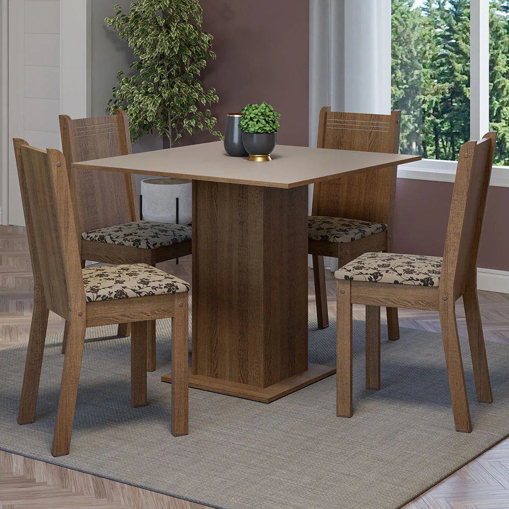 Conjunto Sala de Jantar Mesa Tampo de Madeira 4 Cadeiras Rustic/Crema/Bege Marrom Samara Madesa