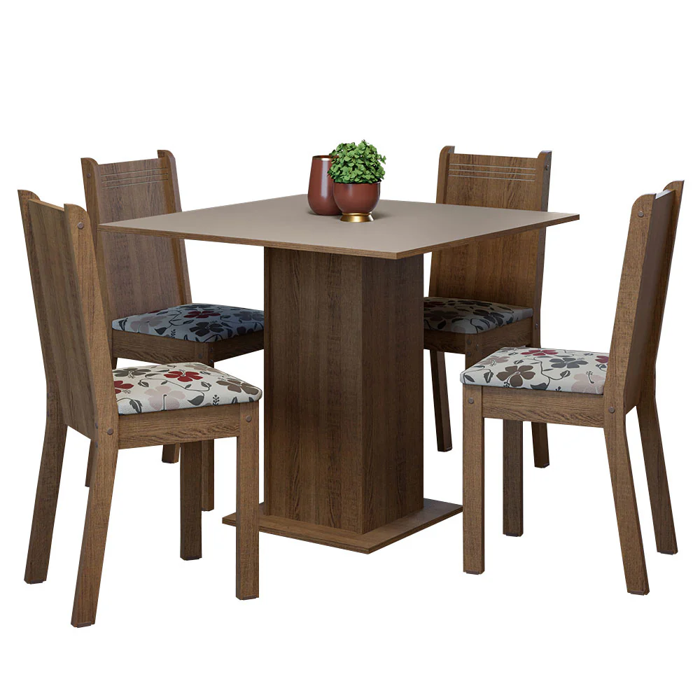 Conjunto Sala de Jantar Mesa Tampo de Madeira 4 Cadeiras Rustic/Crema/Floral Hibiscos Samara Madesa - Image 2
