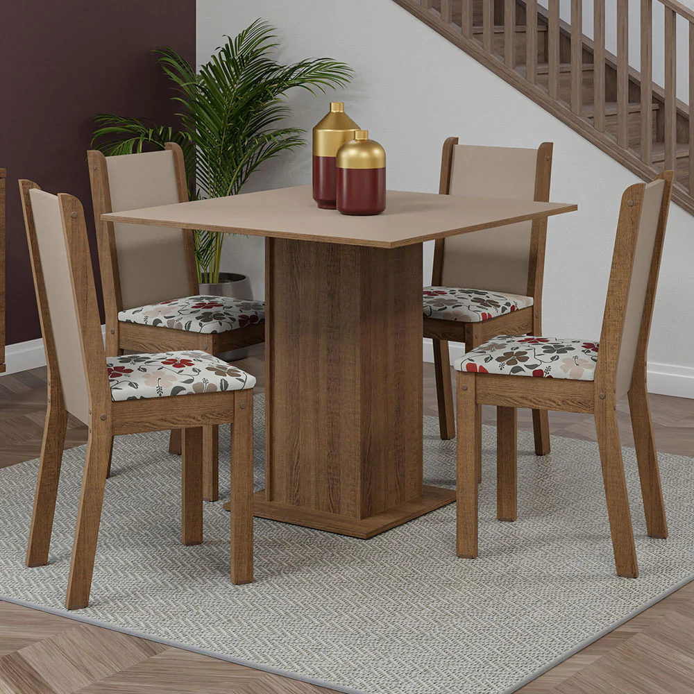 Conjunto Sala de Jantar Mesa Tampo de Madeira 4 Cadeiras Rustic/Crema/ Hibiscos Briana Madesa