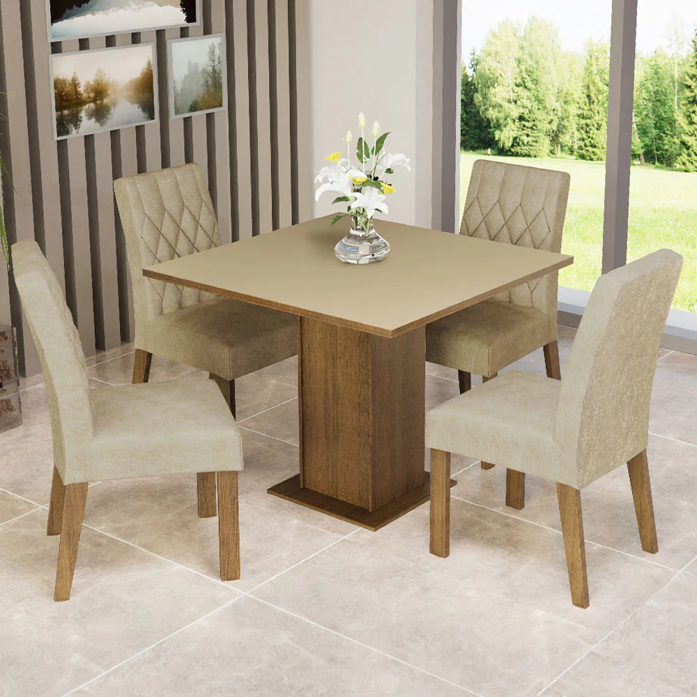 Conjunto Sala de Jantar Mesa Tampo de Madeira 4 Cadeiras Rustic/Crema/Imperial Livia Madesa