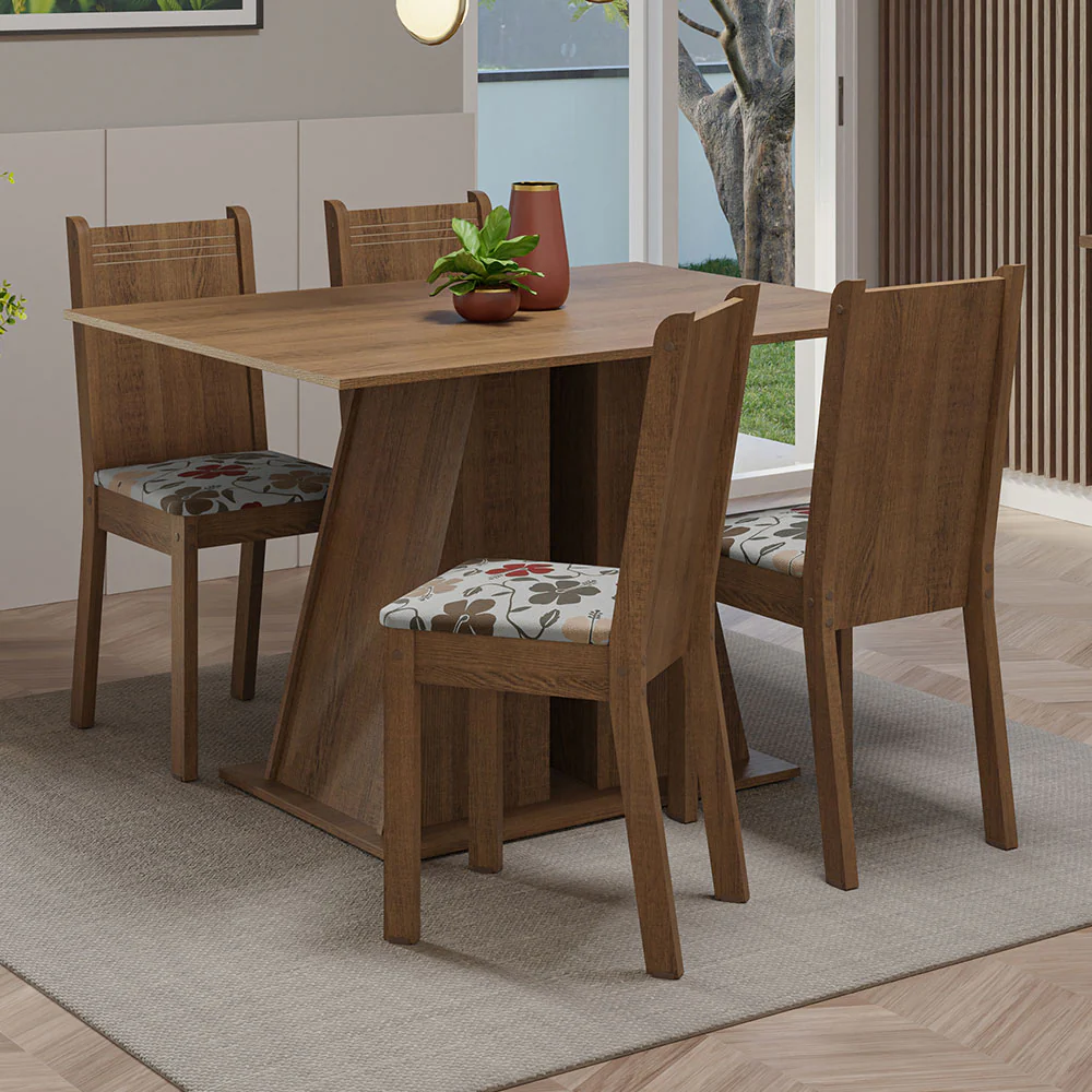 Conjunto Sala de Jantar Mesa Tampo de Madeira 4 Cadeiras Rustic/Hibiscos Marilyn Madesa