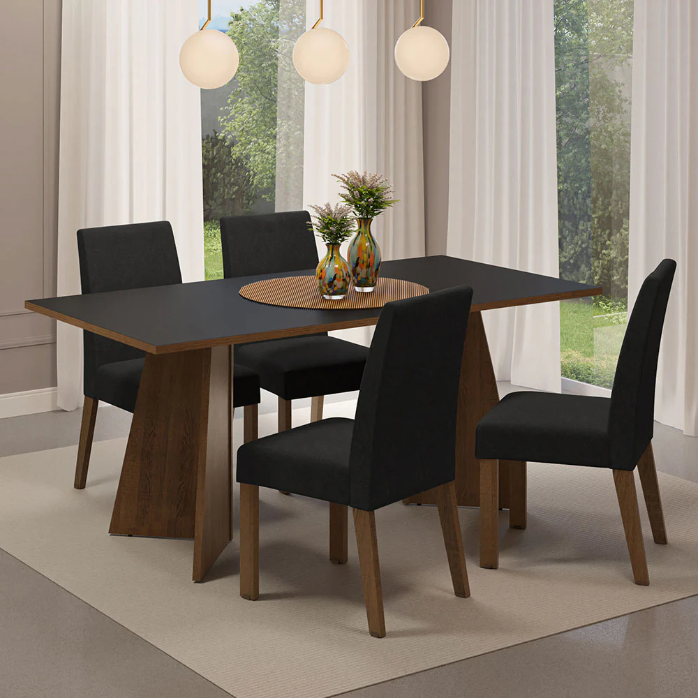 Conjunto Sala de Jantar Mesa Tampo de Madeira 4 Cadeiras Rustic/Preto/Oxford April Madesa
