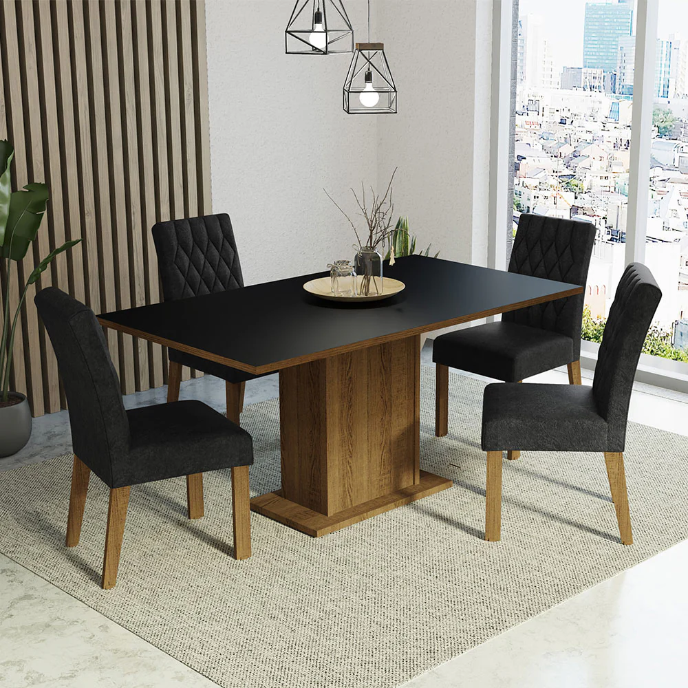 Conjunto Sala de Jantar Mesa Tampo de Madeira 4 Cadeiras Rustic/Preto/Oxford Cindy Madesa
