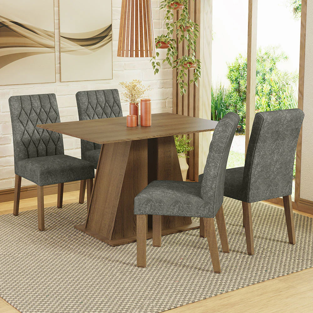 Conjunto Sala de Jantar Mesa Tampo de Madeira 4 Cadeiras Rustic/Silver Gisele Madesa
