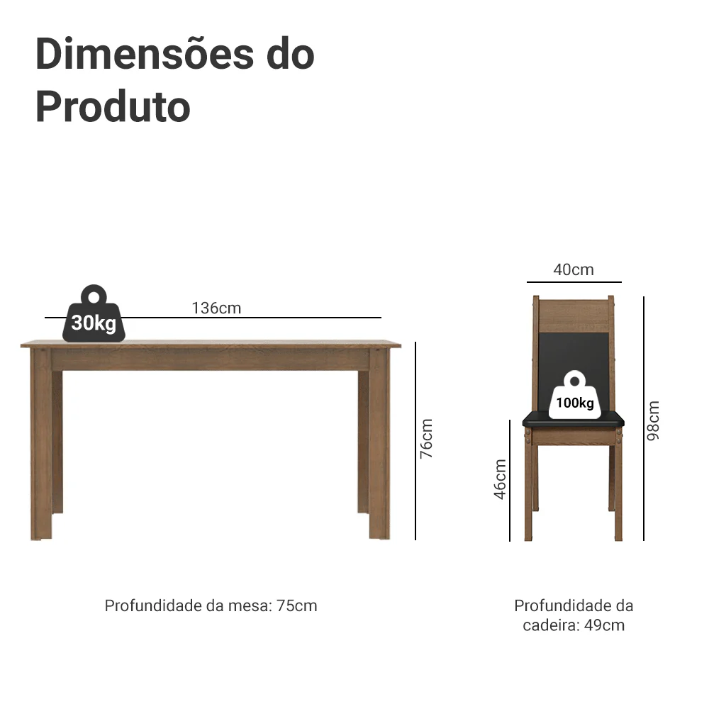 Conjunto Sala de Jantar Mesa Tampo de Madeira 6 Cadeiras Rustic/Preto Bahamas Madesa - Image 3