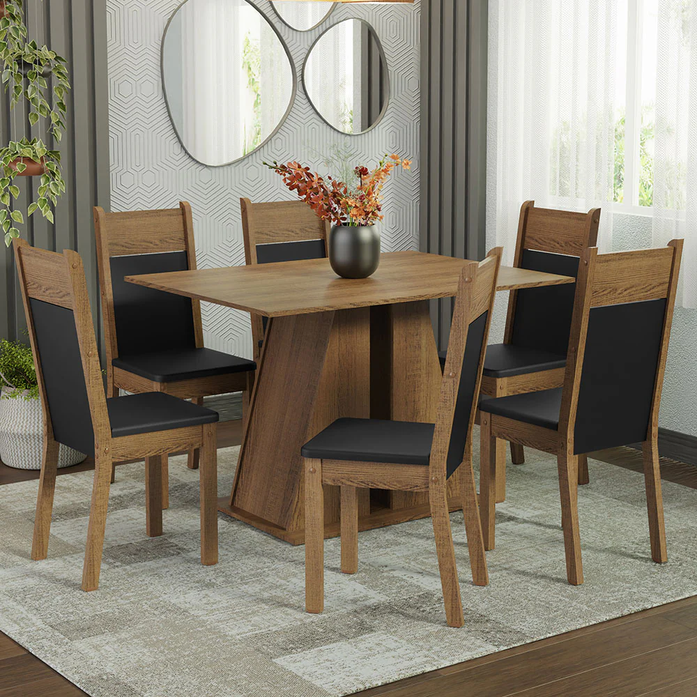 Conjunto Sala de Jantar Mesa Tampo de Madeira 6 Cadeiras Rustic/Preto Beverly Madesa