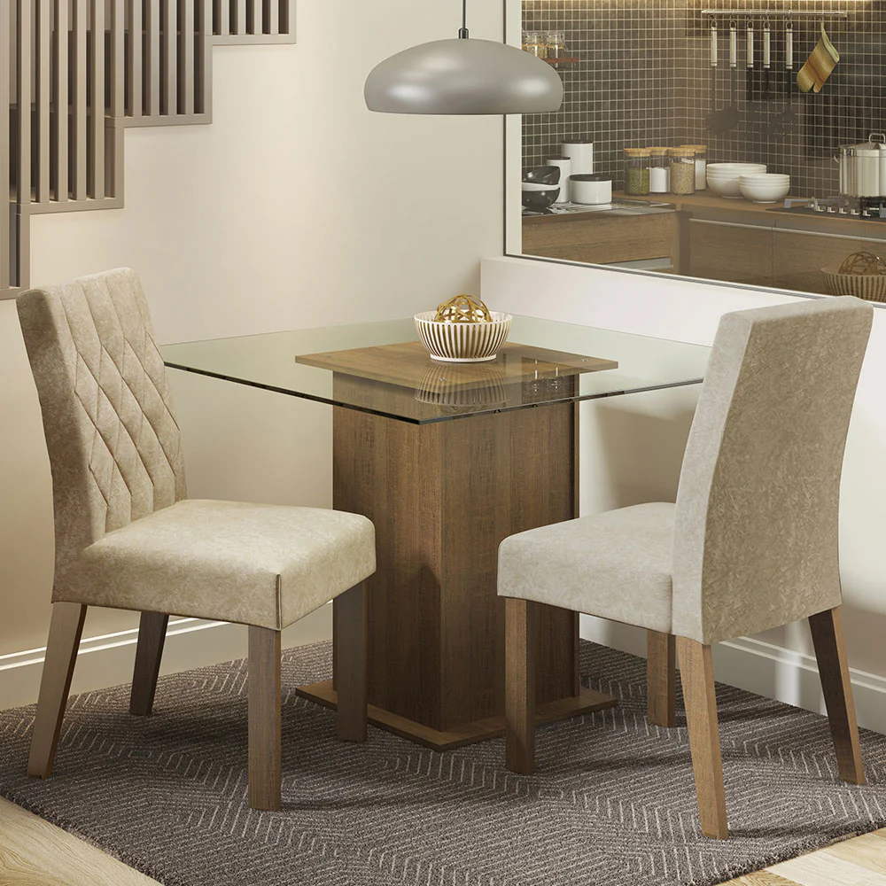 Conjunto Sala de Jantar Mesa Tampo de Vidro 2 Cadeiras Rustic/Imperial Ciça Madesa
