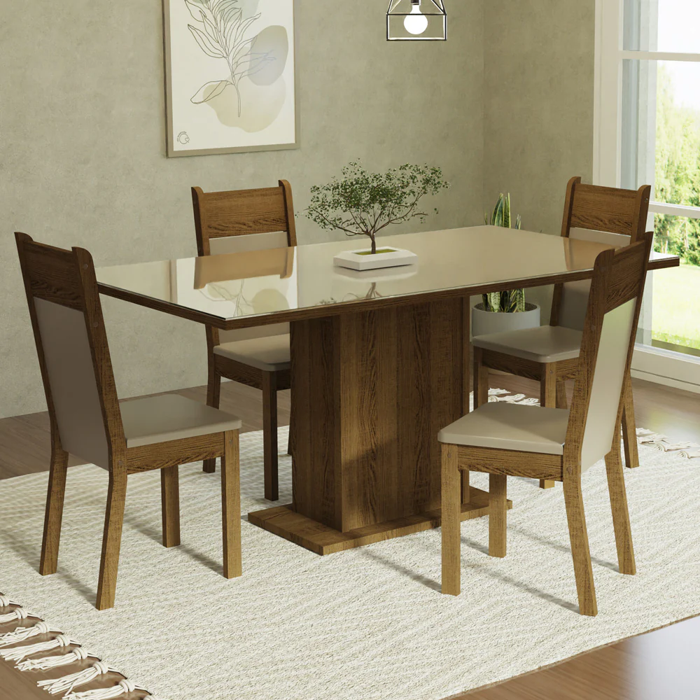 Conjunto Sala de Jantar Mesa Tampo de Vidro 4 Cadeiras Crema/Rustic/Bege Greta Madesa
