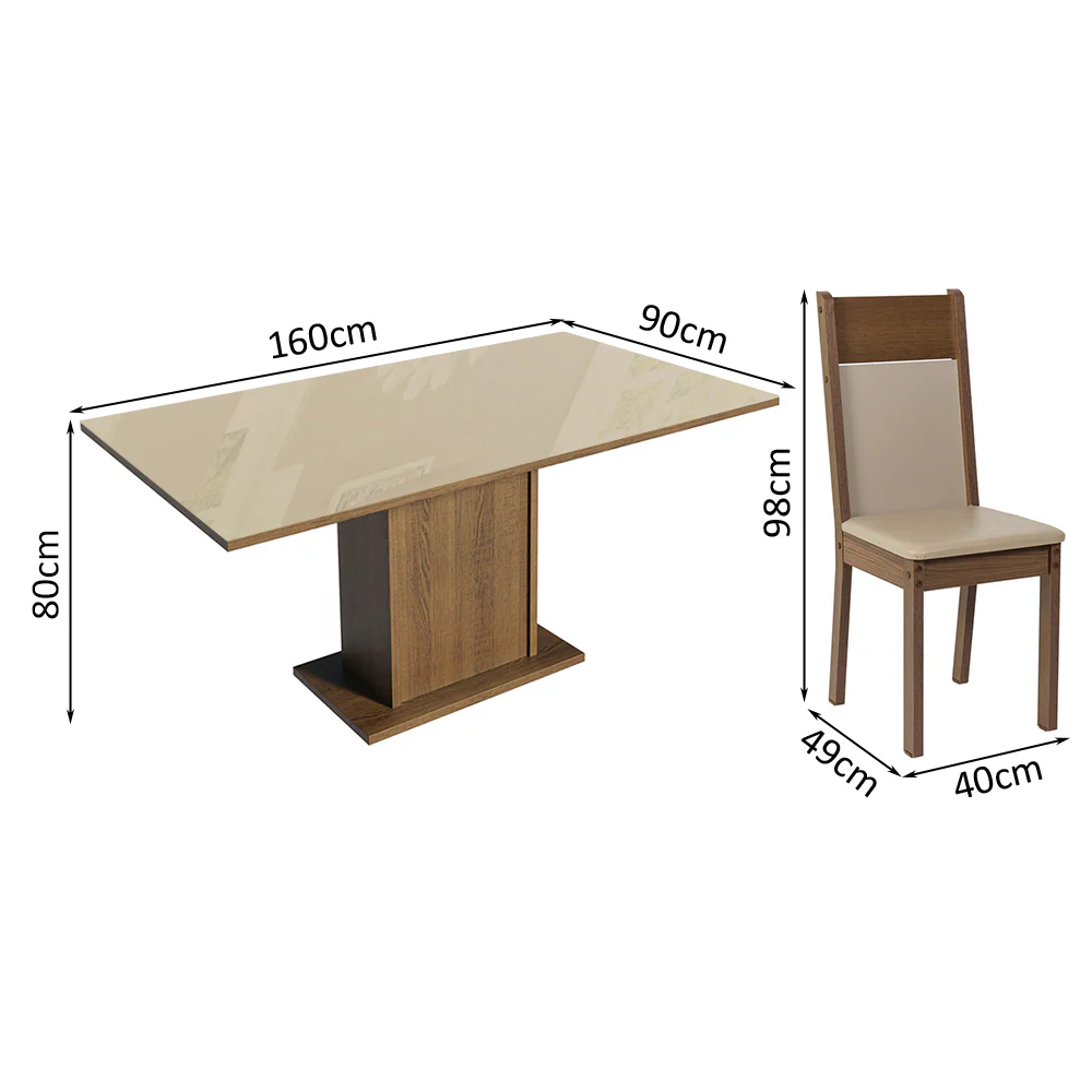 Conjunto Sala de Jantar Mesa Tampo de Vidro 4 Cadeiras Crema/Rustic/Bege Greta Madesa - Image 3