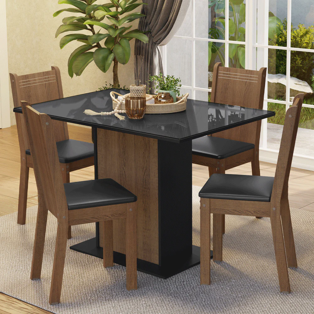 Conjunto Sala de Jantar Mesa Tampo de Vidro 4 Cadeiras Preto/Rustic Camélia Madesa