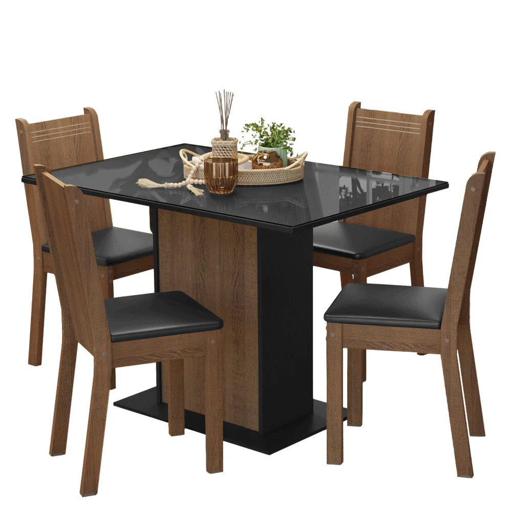 Conjunto Sala de Jantar Mesa Tampo de Vidro 4 Cadeiras Preto/Rustic Camélia Madesa - Image 3