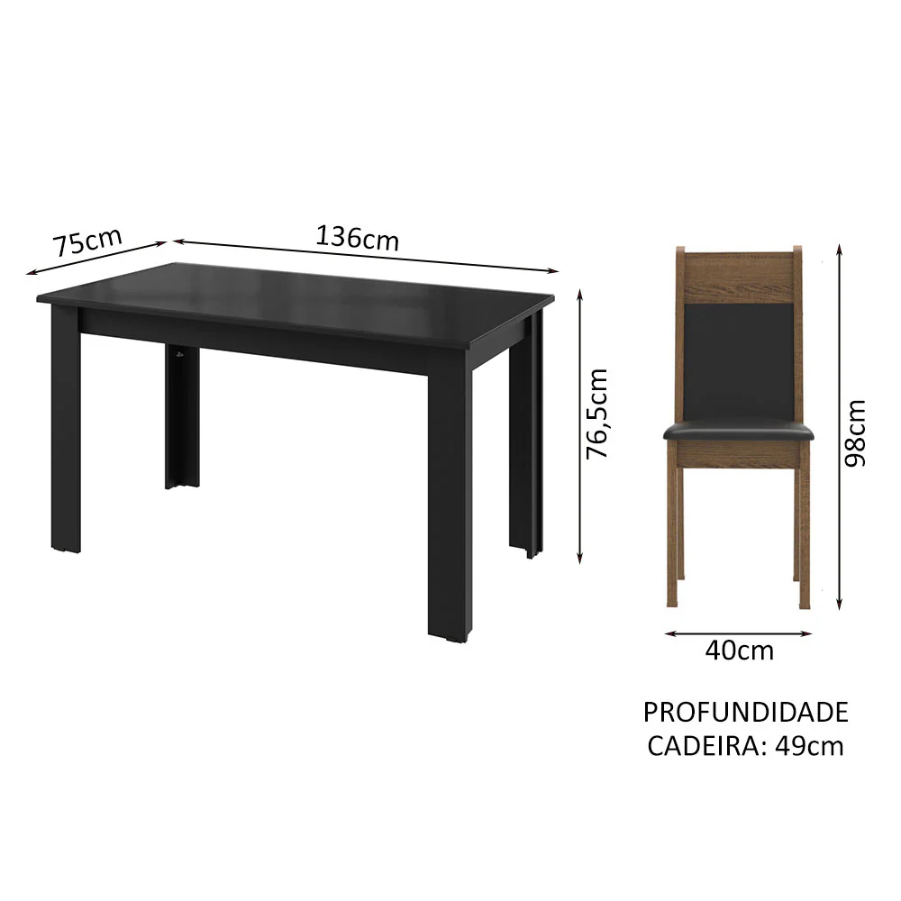 Conjunto Sala de Jantar Mesa Tampo de Vidro 4 Cadeiras Preto/Rustic Eloá Madesa - Image 3