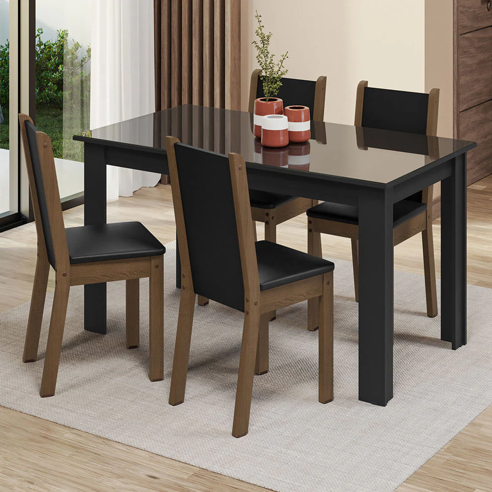 Conjunto Sala de Jantar Mesa Tampo de Vidro 4 Cadeiras Preto/Rustic Suzy Madesa