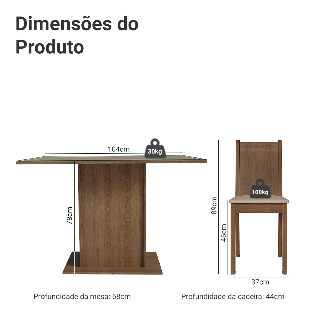 Conjunto Sala de Jantar Mesa Tampo de Vidro 4 Cadeiras Rustic/Bege Camélia Madesa - Image 3