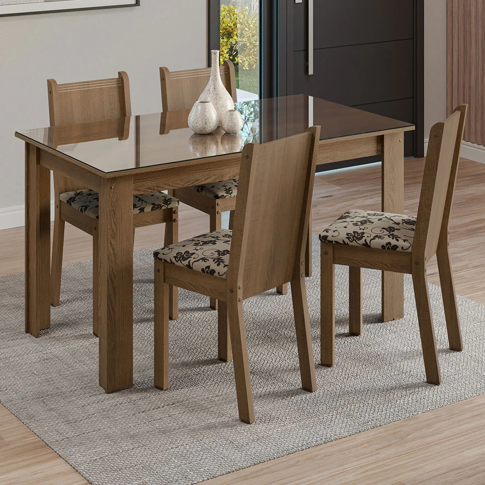 Conjunto Sala de Jantar Mesa Tampo de Vidro 4 Cadeiras Rustic/Bege Marrom Kiara Madesa