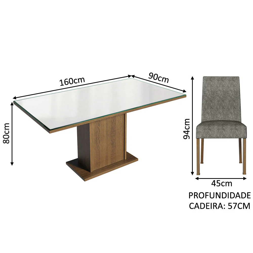 Conjunto Sala de Jantar Mesa Tampo de Vidro 4 Cadeiras Rustic/Branco/Silver Avril Madesa - Image 5
