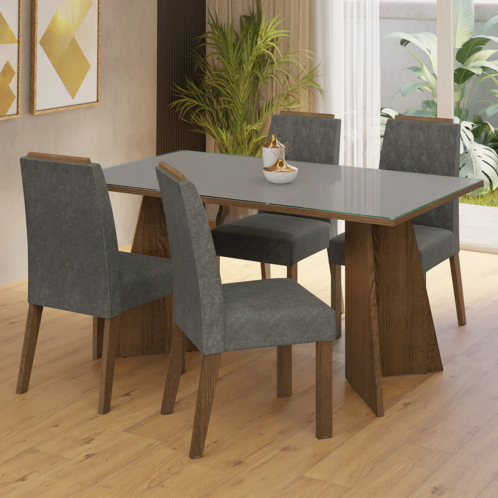 Conjunto Sala de Jantar Mesa Tampo de Vidro 4 Cadeiras Rustic/Cinza/Silver Porto Madesa