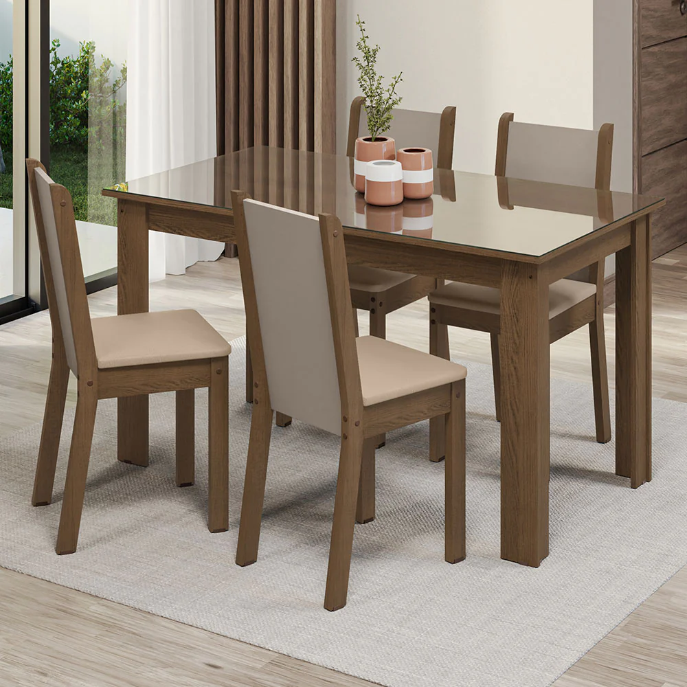 Conjunto Sala de Jantar Mesa Tampo de Vidro 4 Cadeiras Rustic/Crema/Bege Suzy Madesa