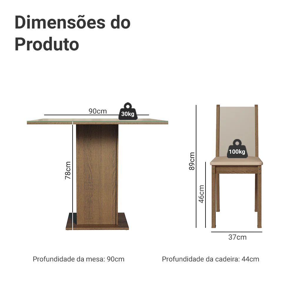 Conjunto Sala de Jantar Mesa Tampo de Vidro 4 Cadeiras Rustic/Crema/Bege Tifani Madesa - Image 3