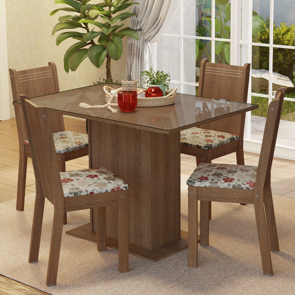 Conjunto Sala de Jantar Mesa Tampo de Vidro 4 Cadeiras Rustic/Hibiscos Camélia Madesa