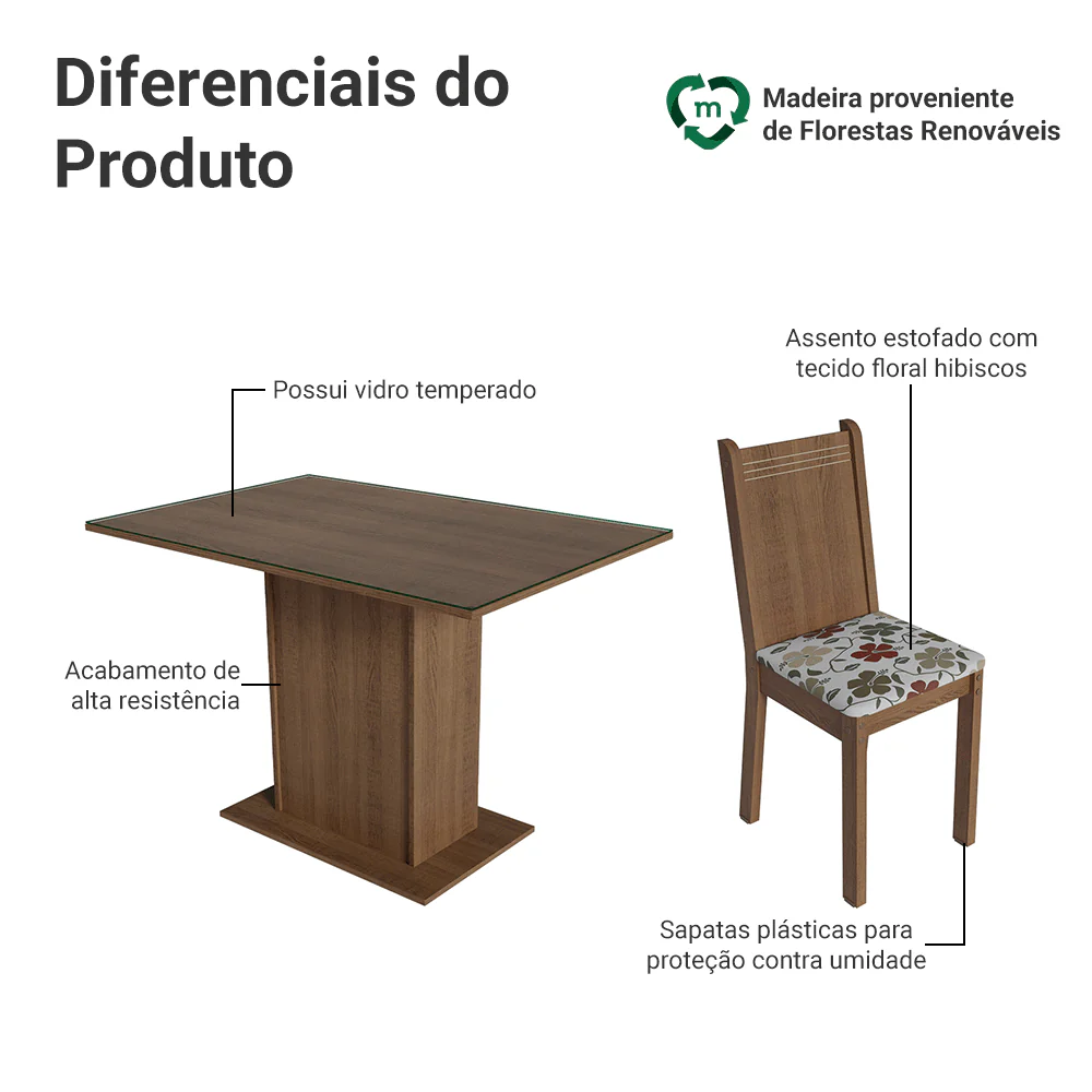 Conjunto Sala de Jantar Mesa Tampo de Vidro 4 Cadeiras Rustic/Hibiscos Camélia Madesa - Image 4