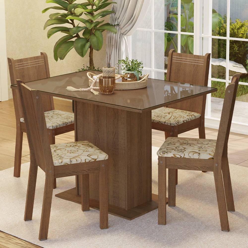 Conjunto Sala de Jantar Mesa Tampo de Vidro 4 Cadeiras Rustic/Lírio Bege Camélia Madesa