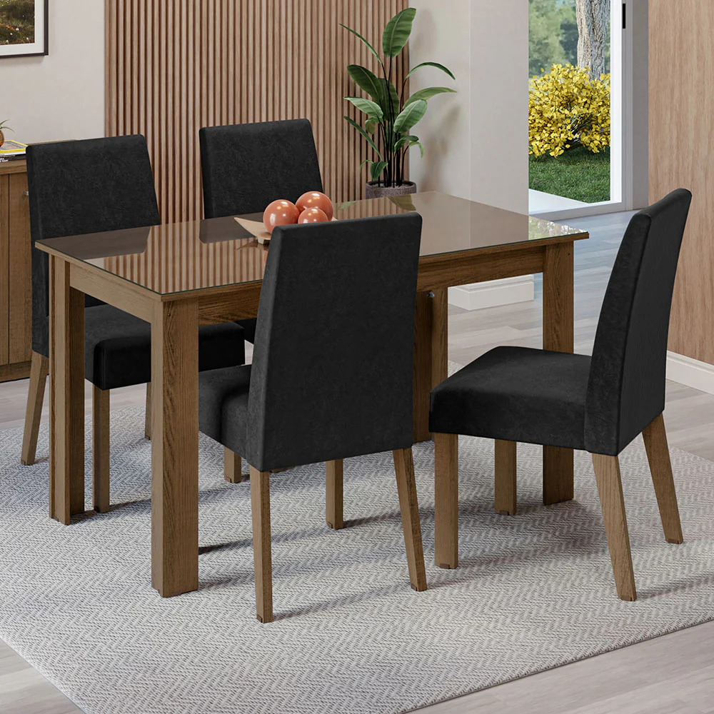 Conjunto Sala de Jantar Mesa Tampo de Vidro 4 Cadeiras Rustic/Oxford Antônia Madesa