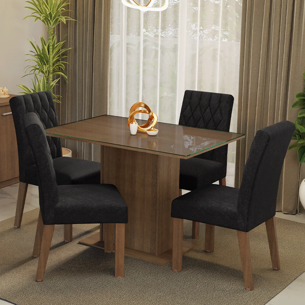 Conjunto Sala de Jantar Mesa Tampo de Vidro 4 Cadeiras Rustic/Oxford Reale Madesa
