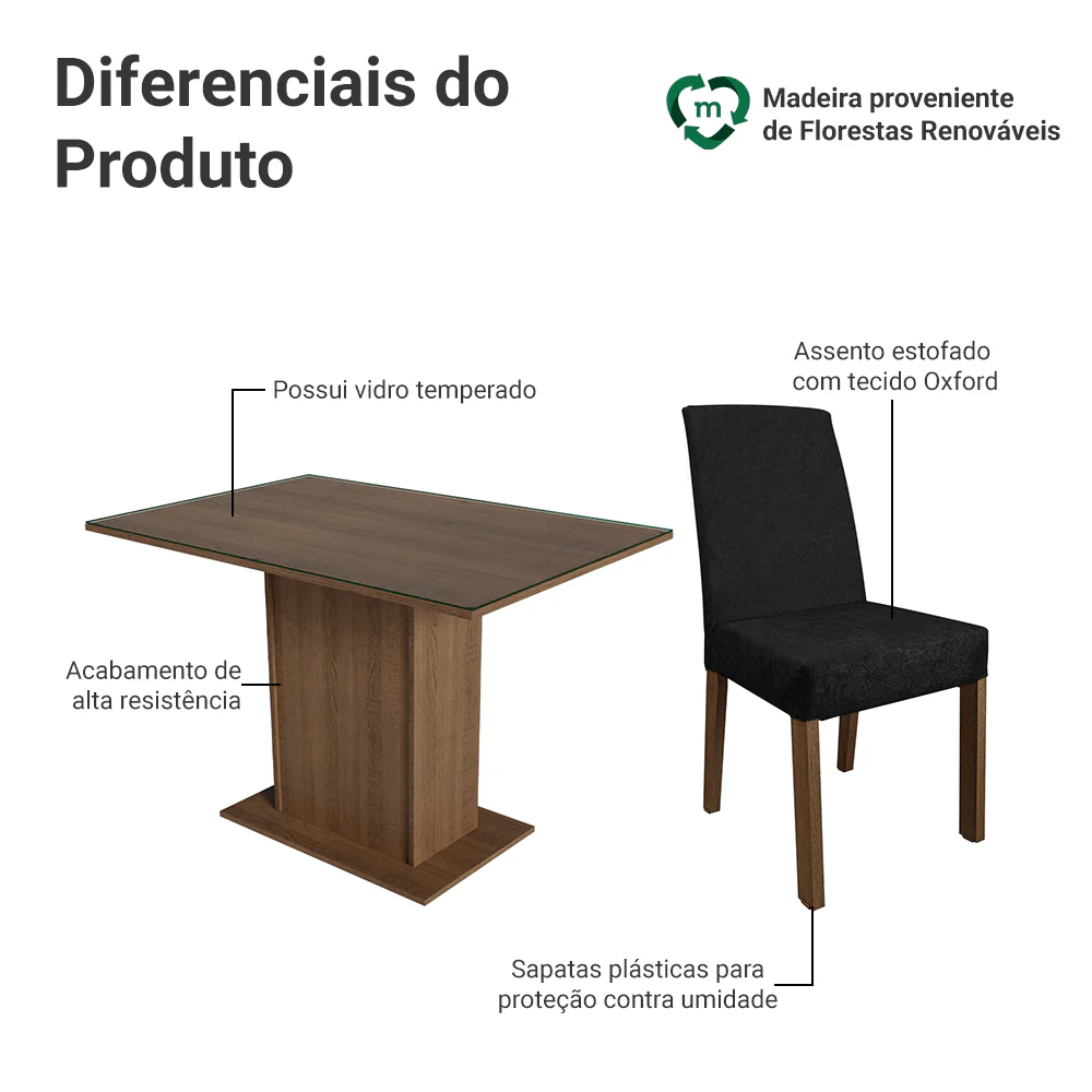 Conjunto Sala de Jantar Mesa Tampo de Vidro 4 Cadeiras Rustic/Oxford Zion Madesa - Image 4