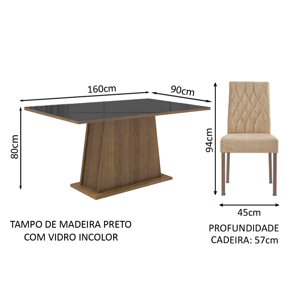 Conjunto Sala de Jantar Mesa Tampo de Vidro 4 Cadeiras Rustic/Preto/Imperial Aryeli Madesa - Image 3